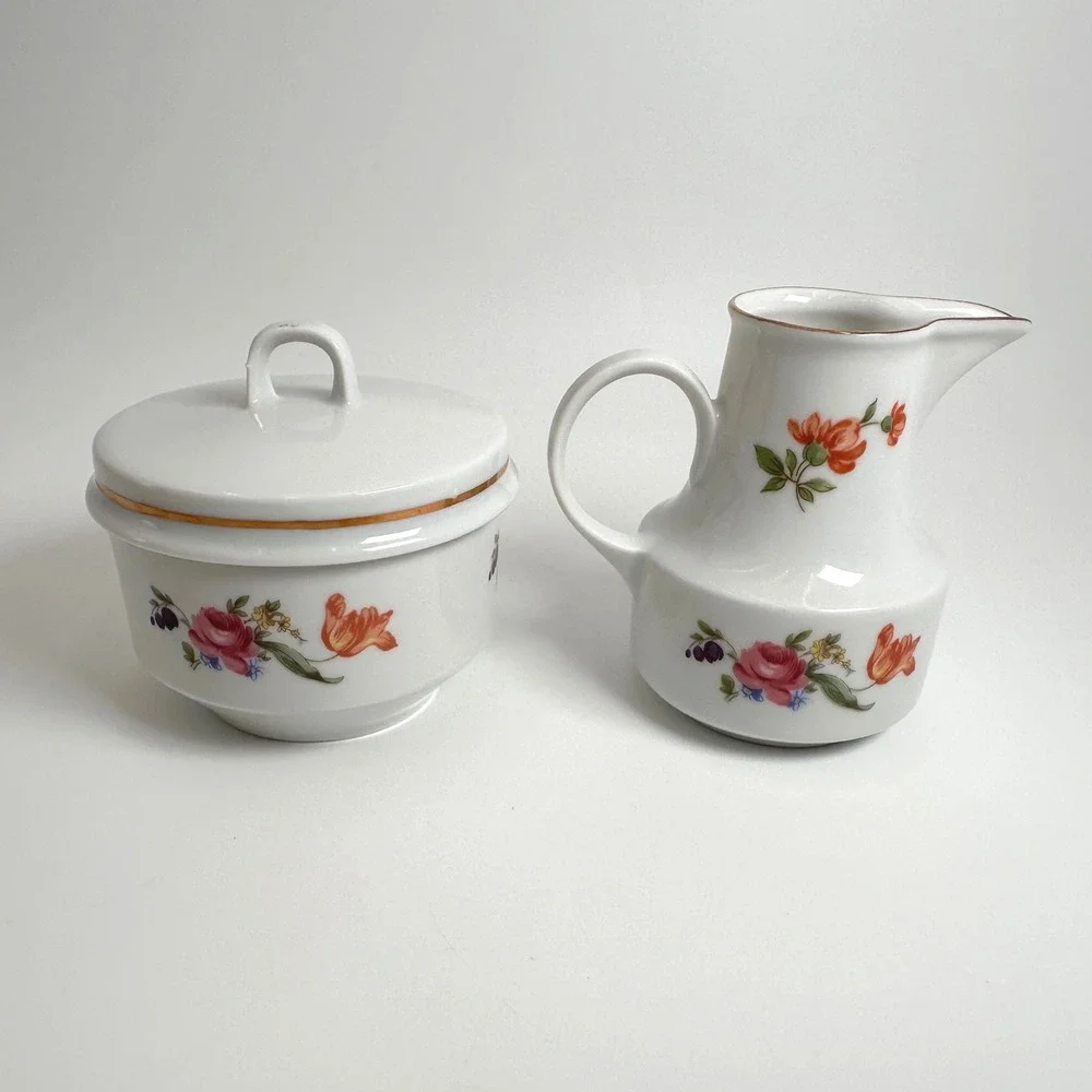 Vtg Henneberg Porzellan GDR Creamer & Sugar Bowl Floral Roses Gold Trim 1777